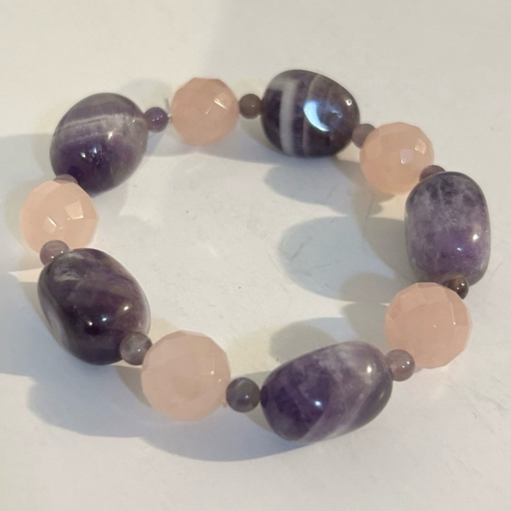 Vintage Amethyst & pink jade beaded stretch‎ Bracelet